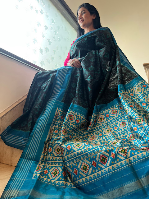 Black and blue pochampally ikat saree