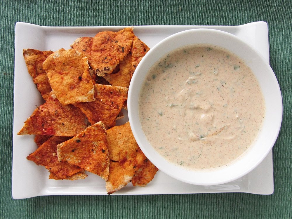 chili lime yogurt dip with salsa pita chips