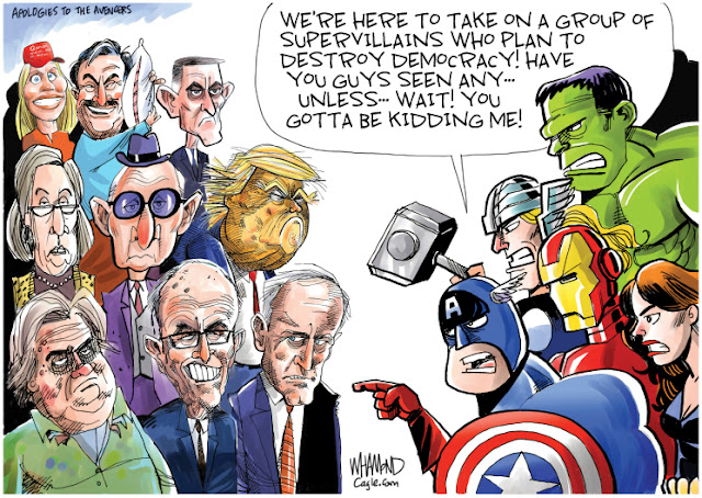 A group of super heroes, including Captain America, the Hulk, Thor, etc. confront Donald Trump and his acolytes, such as Mike Lindell, Steve Bannon, Sidney Powell, and so on.  Captain America says, 