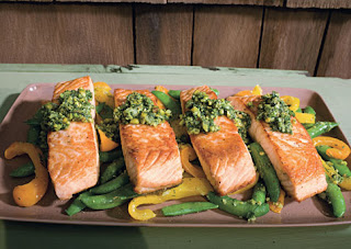 Salmon with Snap Peas, Yellow Peppers and Dill-Pistachio Pistou