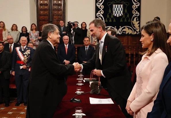 Nicaraguan author Sergio Ramirez Mercado was deemed worthy of this year's Miguel de Cervantes' literature award. Letizia wore felipe Varela dress