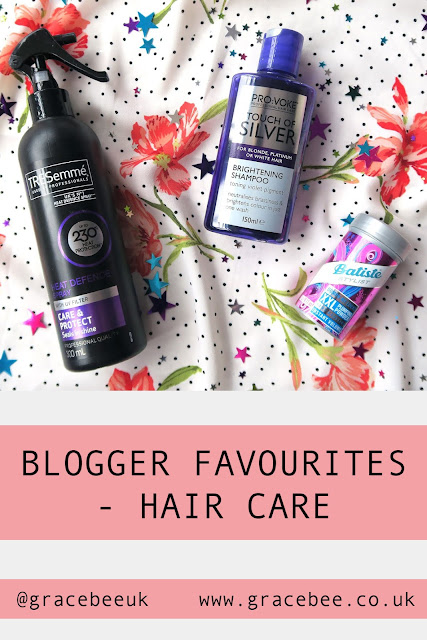 A flatlay image of several of my favourite hair care products. Below the image text reads "Blogger favourites - Hair Care"