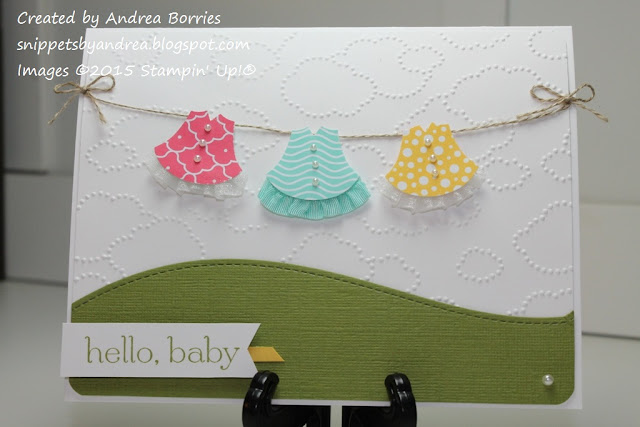 Use the Owl Builder punch, patterned paper and ribbon to make dresses for a sweet baby card.