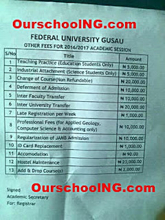 Federal University of Gusau Schedule of Fees - 2016/2017