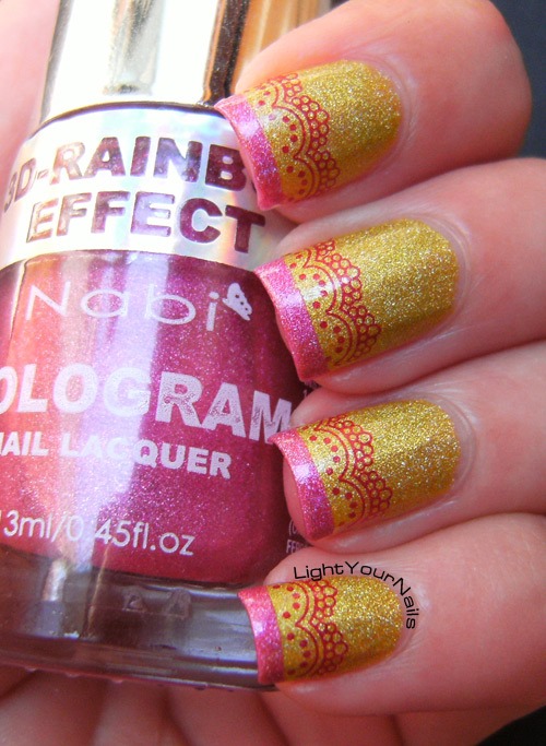 Holographic yellow and pink french mani with romantic laces from BornPrettyStore