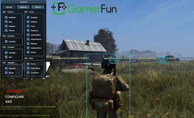 Screenshot of the DayZ Hack in action, showing the ESP, aimbot, and recoil features