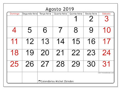 Calendário agosto/2019