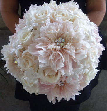 pink and white roses. Wedding Bouquet of Pink Dahlias, White Roses, and Beaded Stephanotis from My