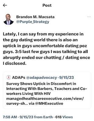 Tweet: "Lately, I can say from my experience in the gay dating world there is also an uptick in guys uncomfortable dating poz guys. 3:5 last few guys I was talking to all abruptly ended our chatting / dating once I disclosed."