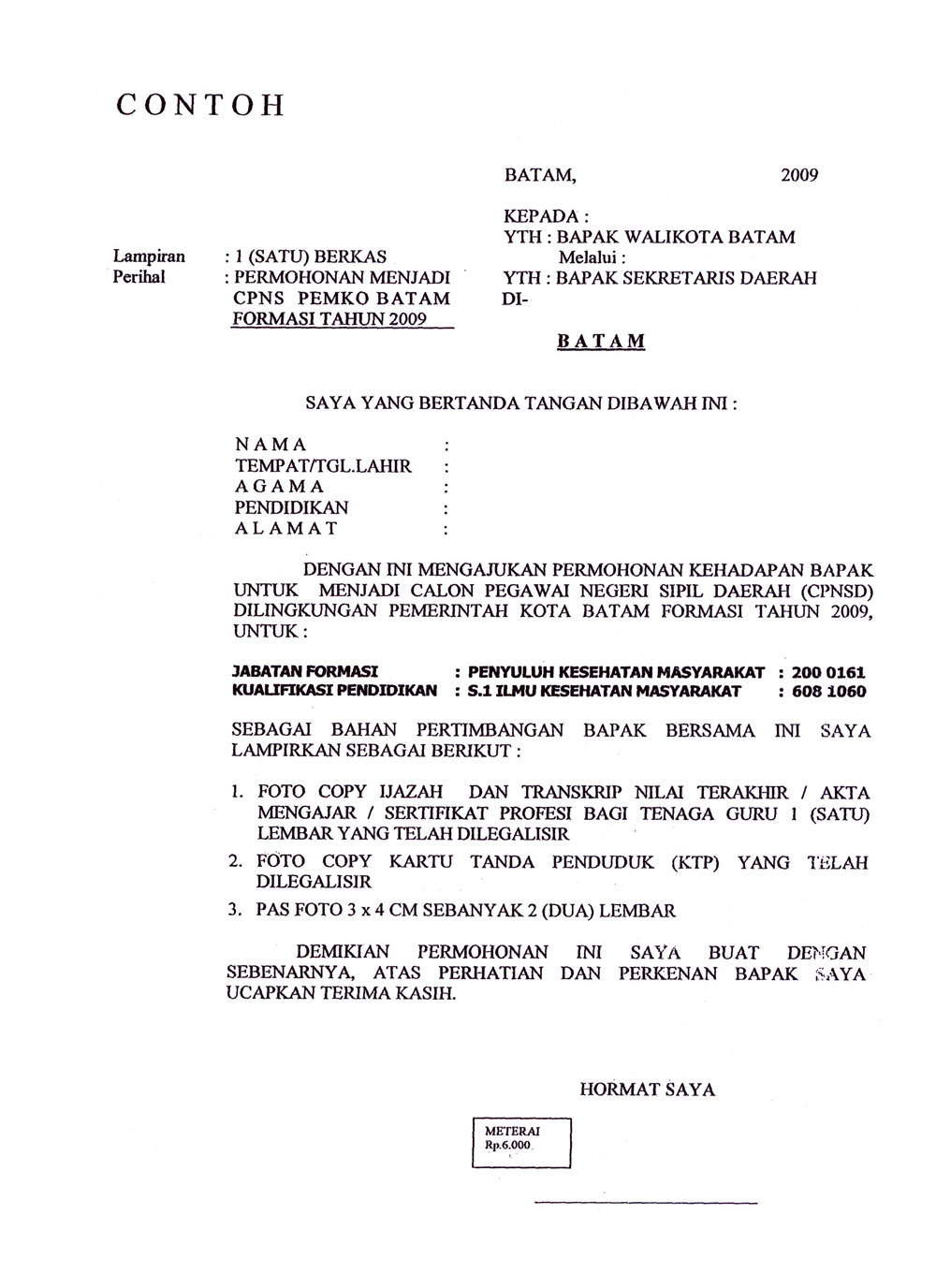 Contoh Surat Lamaran Kerja