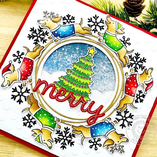 Sunny Studio Stamps: Dashing Dachshund Winter Holiday Card by Alma Störk (featuring Snowflake Circle Frame Dies, Cozy Christmas)