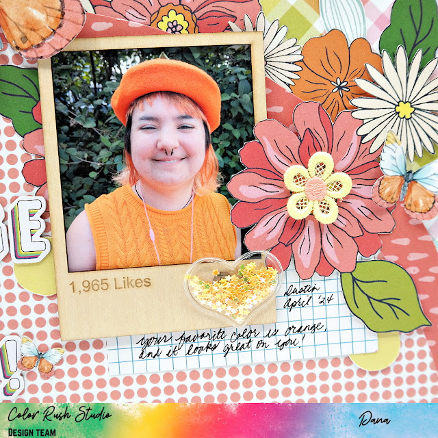 Orange you glad orange teen scrapbook layout with fussy cut flowers and butterflies created by Dana Tatar using the May Color Rush Studio Main Kit.