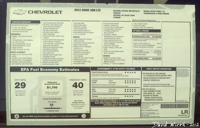 2102 chevrolet sonic, window price list, sticker, options