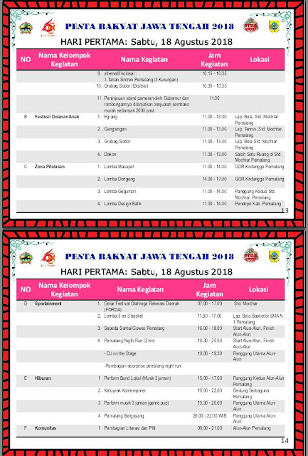 Jadwal Kegiatan Pesta Rakyat Jateng 2018 Pemalang 