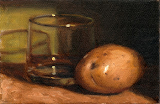 Oil painting of a white potato beside an Old Fashioned glass.