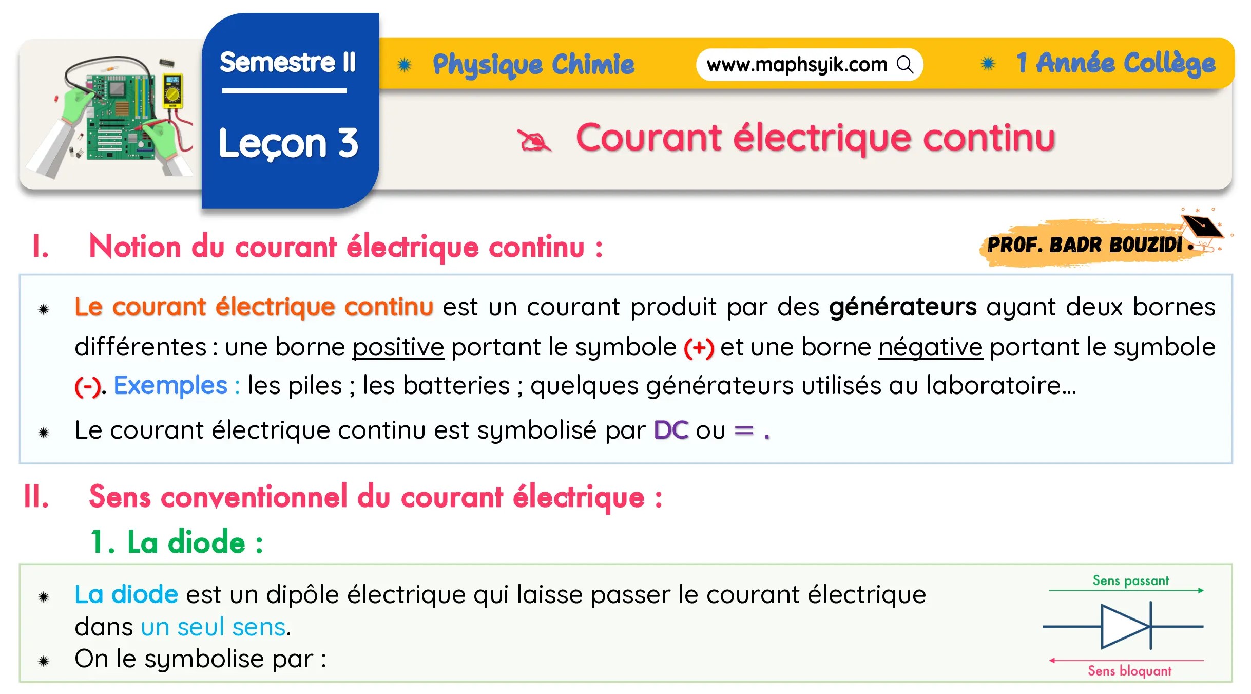 Leçon 3 : courant électrique continu | Phyique chimie | 1 Année Colège