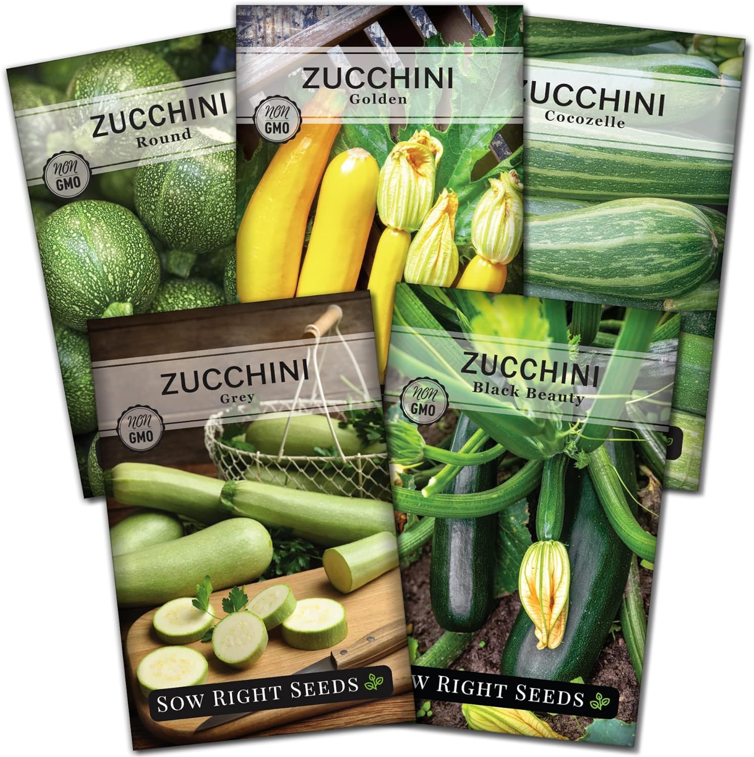 Large individual packets of Black Beauty, Grey, Round, Golden, and Cocozelle Zucchini seeds. A wonderful selection of shapes and colors to brighten your garden inspired dishes. A minimum of 3 to 5 grams per packet (depending on variety).