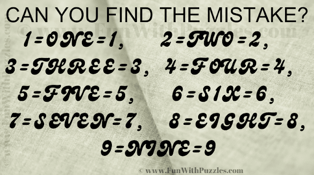 CAN YOU FIND THE MISTAKE? 1=ONE=1, 2=TWO=2, 3=THREE=3, 4=FOUR=4, 5=FIVE=5, 6=S1X=6, 7=SEVEN=7, 8=EIGHT=8, 9=NINE=9