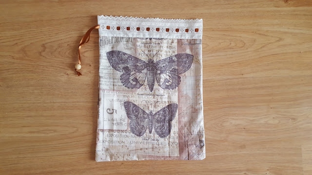 DIY reusable fabric gift bag with vintage lace