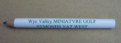 Just one of the many minigolf pencils in the Crazy Golf Museum - from the Wye Valley Miniatvre Golf course in Symonds Yat West