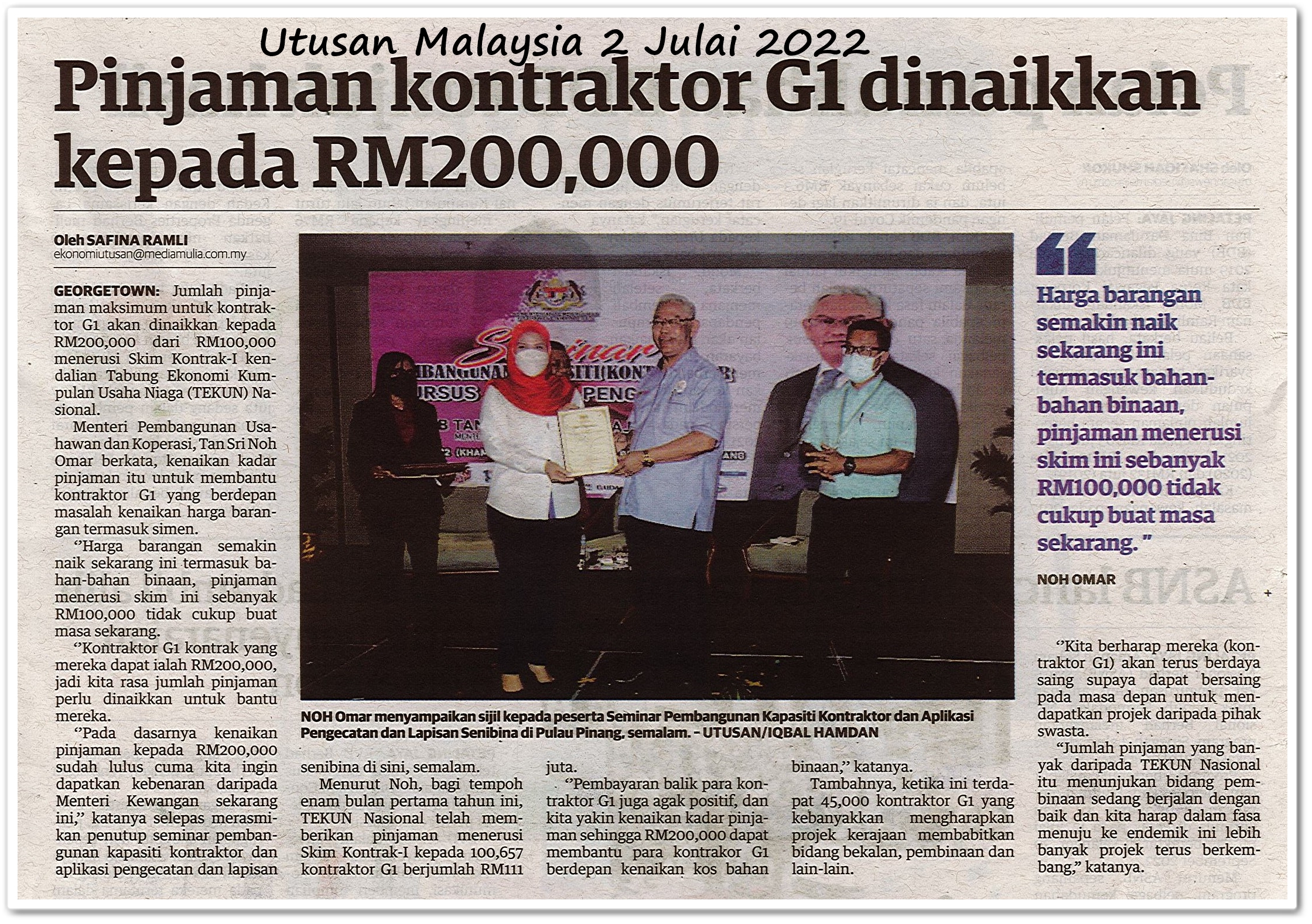 Pinjaman kontraktor G1 dinaikkan kepada RM200,000 - Keratan akhbar Utusan Malaysia 2 Julai 2022