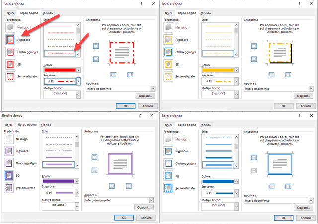 stili dei bordi di word