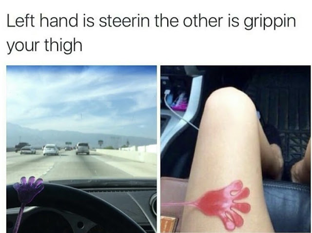 Left hand is steering the other is gripping your thigh.