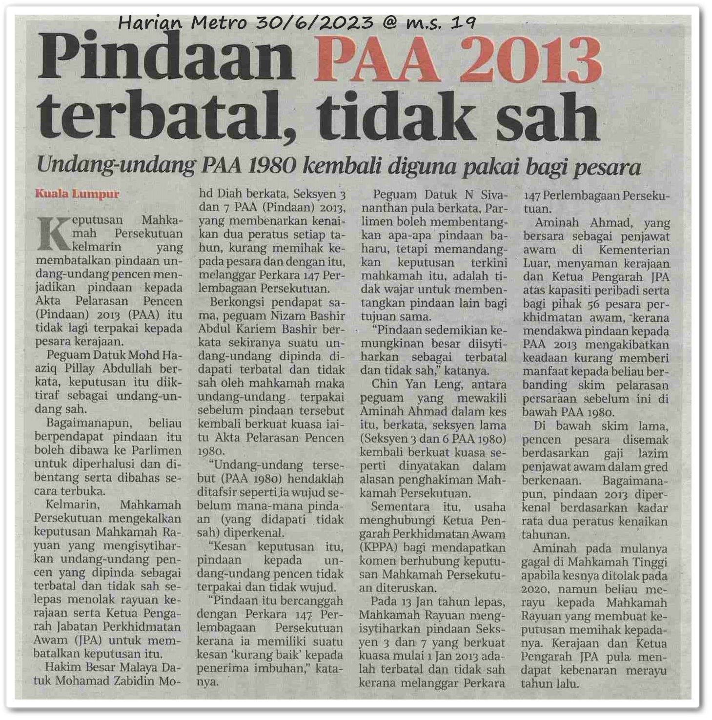 Pindaan PAA 2013 terbatal, tidak sah ; Undang-Undang PAA 1980 kembali diguna pakai bagi pesara - Keratan akhbar Harian Metro 30 Jun 2023