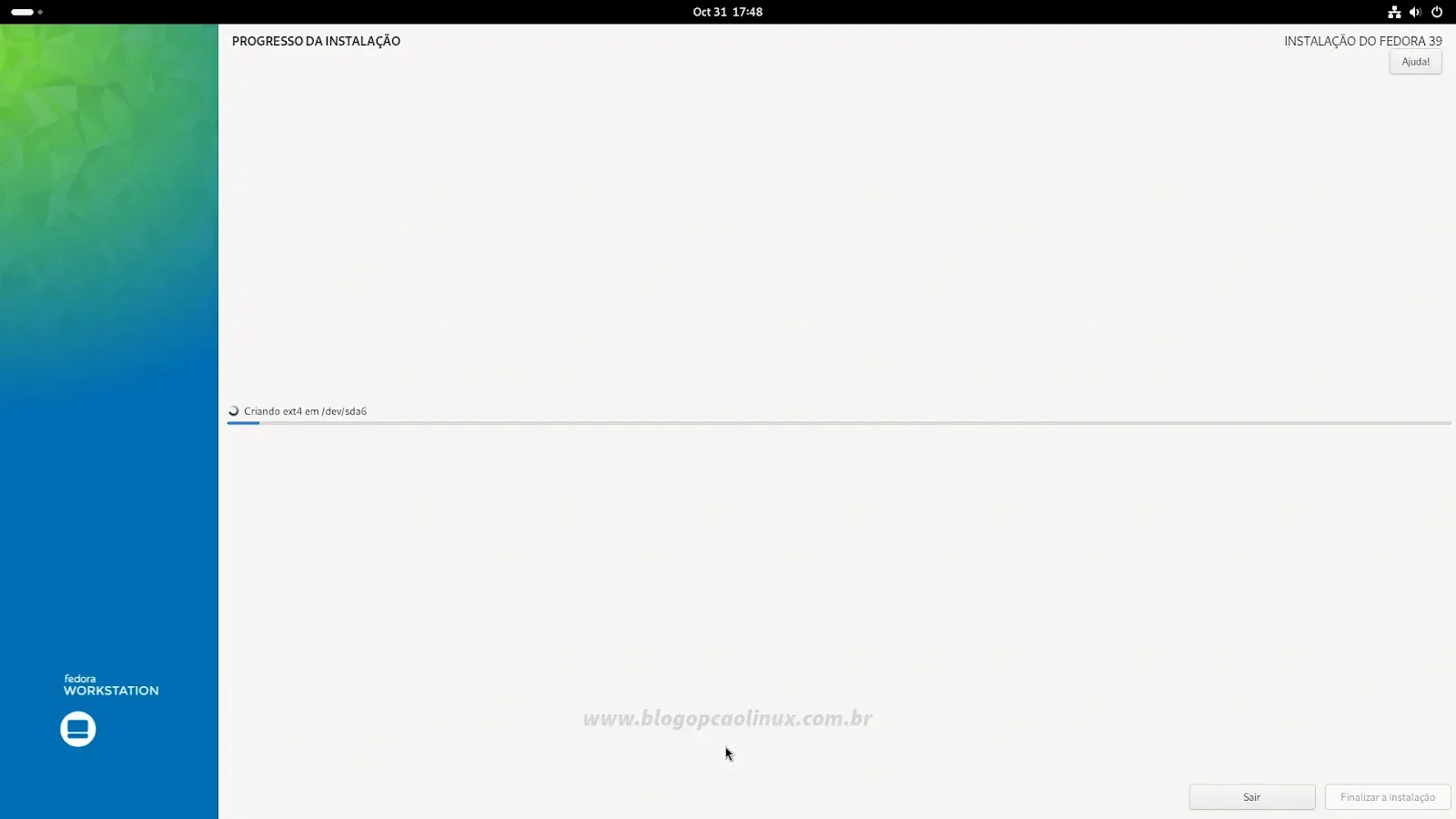 Aguarde o processo de instalação do Fedora Workstation