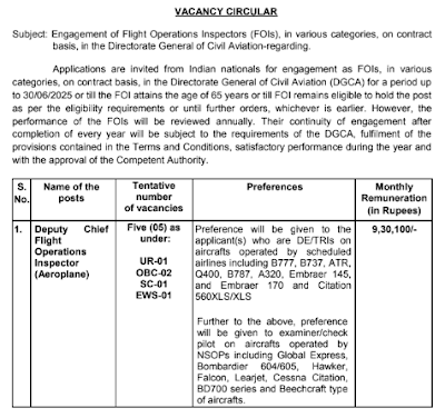 DGCA Recruitment 2023 Notification    The Directorate General of Civil Aviation officials have released the DGCA FOI Recruitment 2023 Notification offering a window of opportunity for aspirants seeking roles as Flight Operations Inspectors. With the release of the DGCA Recruitment 2023 Notification, the Directorate General of Civil Aviation beckons forth dynamic individuals to fill the ranks of Deputy Chief Flight Operations Inspector (Aeroplane), Senior Flight Operations Inspector (Aeroplane), Flight Operations Inspector (Aeroplane), and Flight Operations Inspector (Helicopter), collectively amounting to 62 Job vacancies. The DGCA Recruitment 2023 Apply Online process will end on 23rd August 2023.  DGCA Recruitment 2023 The mode of application for DGCA Job Vacancies 2023 is online & offline, after applying online, candidates should submit the hard copy of the DGCA FOI Online Form to the mentioned address by 28th August 2023. The DGCA Flight Operations Inspector selection process encompasses document verification and interview stages. Adding allure to this pursuit, the allure of DGCA Flight Operations Inspector Salary awaits those who step forward, with selected individuals set to enjoy remuneration ranging from a minimum of Rs. 2,82,800/- to a maximum of Rs. 9,30,100/-.