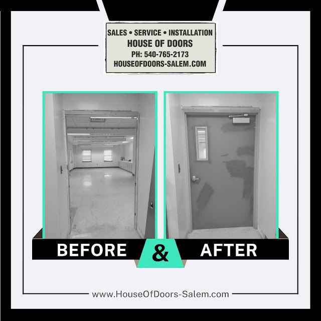 Before and After complete interior commercial door opening installation