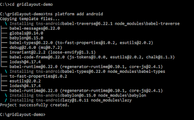 GridLayout in NativeScript, NativeScript command for adding android platform CLI