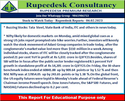 Stock to Watch Today - Rupeedesk Reports - 06.02.2023