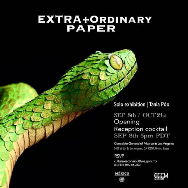 invitation to exhibit of handmade paper art that shows detail of green and gold snake head and scales