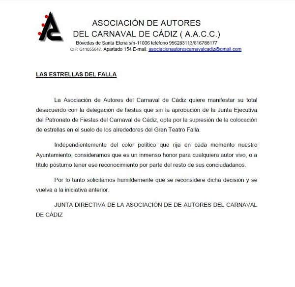 Comunicado de la Asociación de Autores en relacion a las Estrellas del Falla