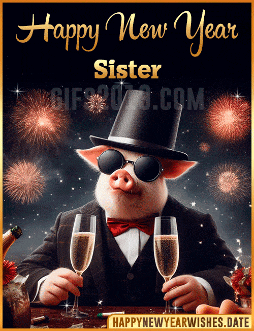 Funny Pig Happy New Year gif 2024 for Sister