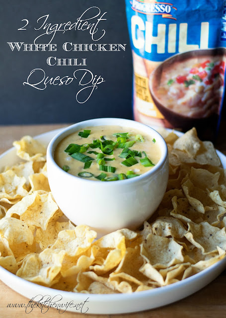 The queso and chips on a white platter with a bag of the chili behind it, and the text at the top.  