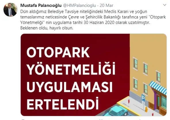 Otopark Yönetmeliği Ertelendi: 31 Mart'tan 30 Haziran'a uzatıldı