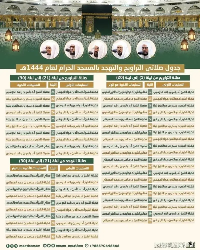 جدول أئمة صلاة التراويح في الحرم المكي في رمضان 1444 اسماء ائمة التراويح والتهجد بالمسجد الحرام