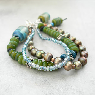 denim blue olive pearl multi-strand bracelet