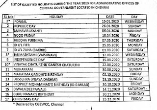 LIST OF GAZETTED HOLIDAYS DURING THE YEAR 2020 FOR ADMINISTRATIVE OFFICES OF CENTRAL GOVERNMENT LOCATED IN CHENNAI