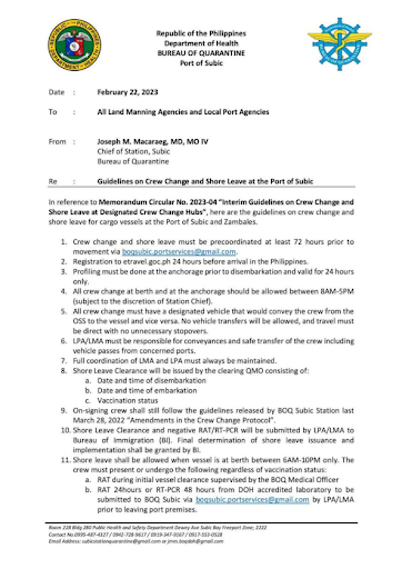 Guidelines on Crew Change and Shore Leave for Cargo Vessels at the Port of Subic issued by the Department of Health-Bureau of Quarantine (DOH-BOQ)