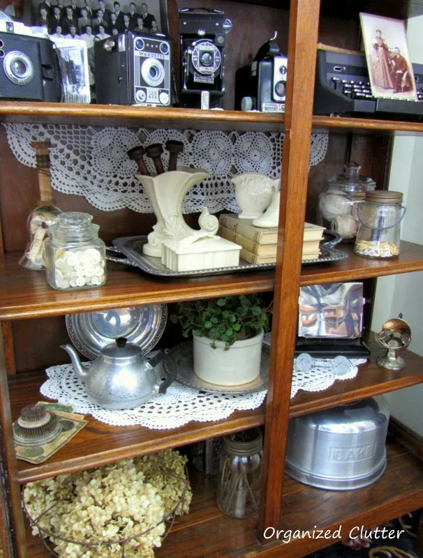 Vintage, Neutral Vignettes for the China Cabinet www.organizedclutterqueen.blogspot.com