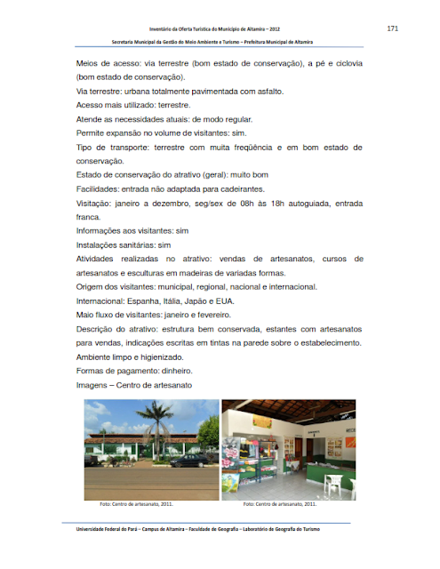 INVENTÁRIO DA OFERTA TURÍSTICA DO MUNICÍPIO DE ALTAMIRA - Pará - Brasil – 2012 – Parte II