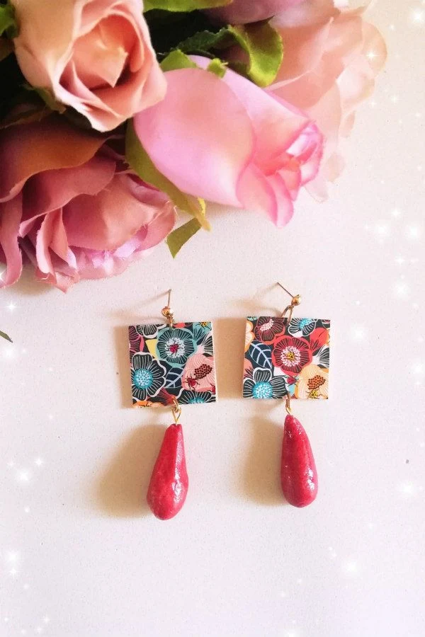 floral patterned paper and rustic bead earrings