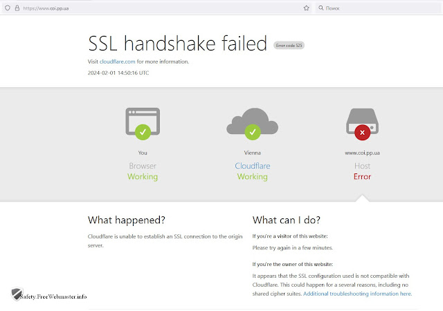 Ошибка Error code 525 Cloudflare. SSL-связь не удалась.