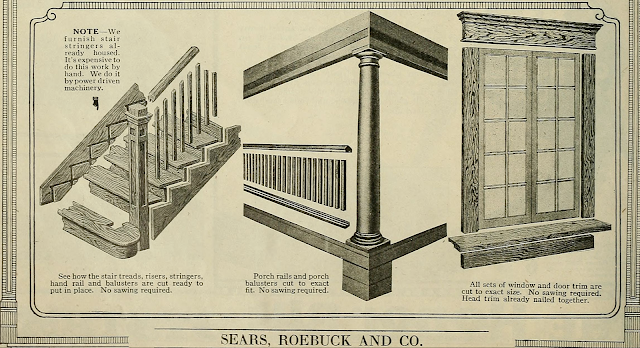 black and white photo focusing on showing pre-cut stairs and pre-cut window trim 1923 Sears Modern Homes catalog page explaining pre-cut system