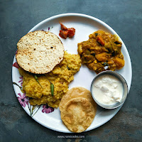 Portion Control Meal Plate :No Onion No Garlic Dal Khichuri, Labra Sabzi, Roasted Papad, Pickle, Wheat Phulka (luci) and Curd