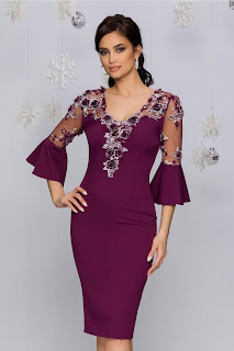 Rochie de nunta MBG mov cu maneci clos si broderii florale 3D