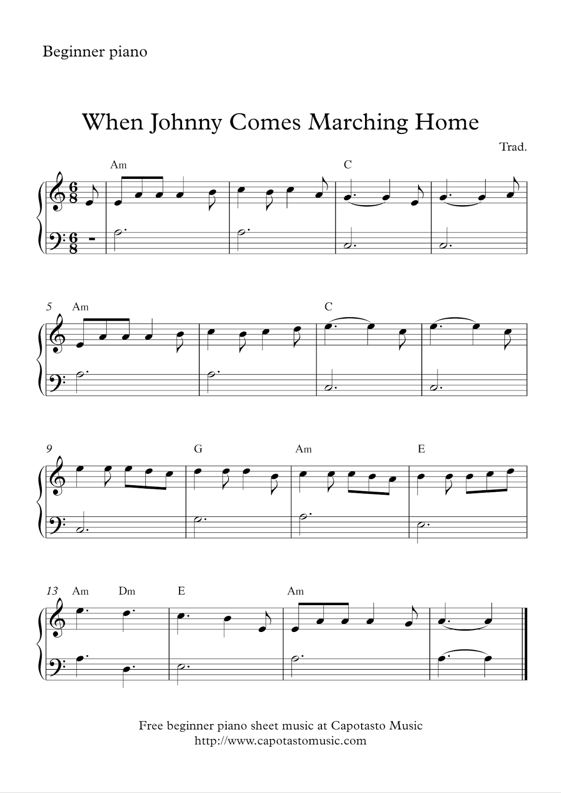 Free easy beginners piano sheet music - When Johnny Comes Marching Home